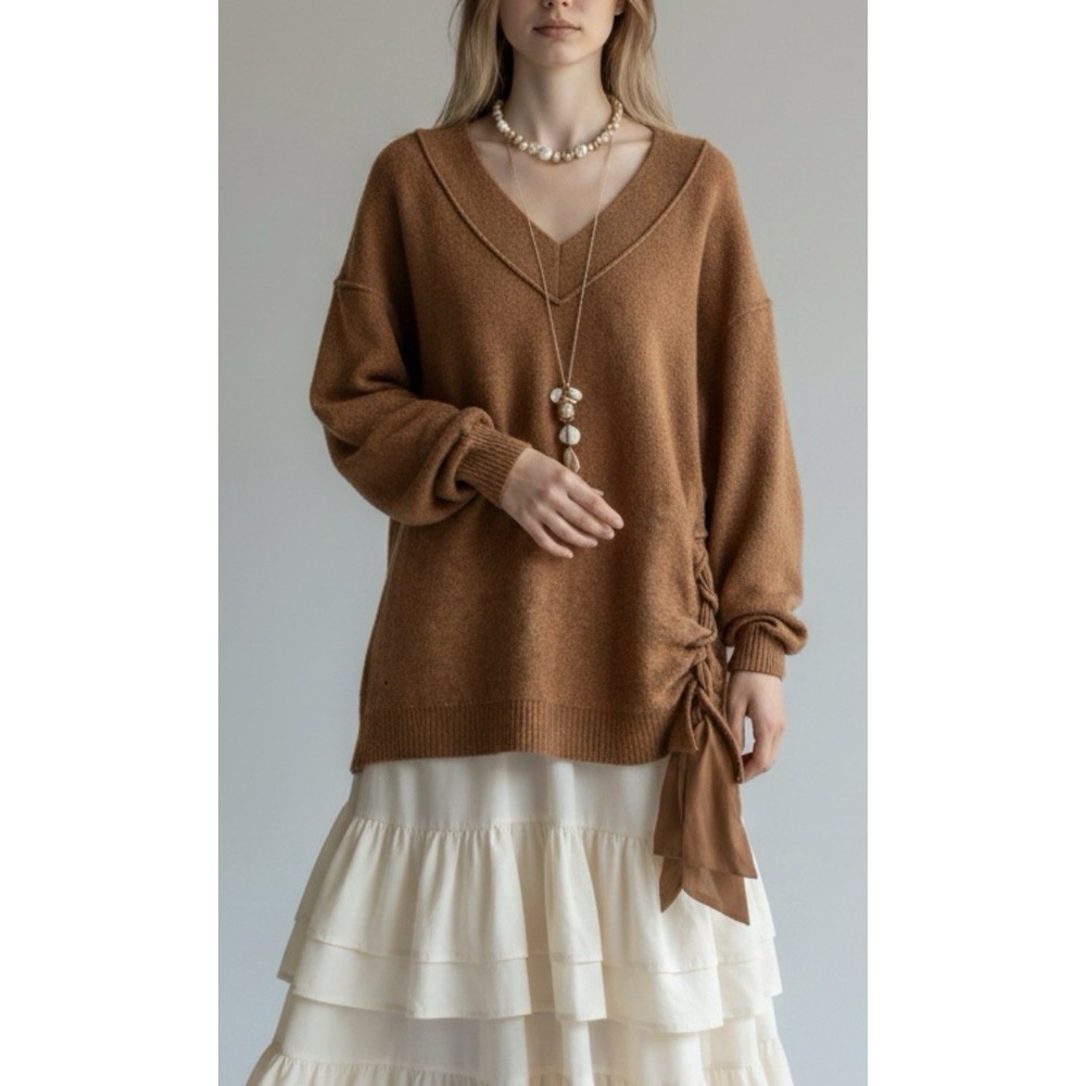 Free People Side Tie Tunic Sweater XS Brown Knit V-Neck Oversized Slouchy Warm